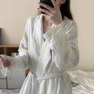 ins休闲 条纹棉纱睡衣女春秋季2025新款浴袍双层纱睡袍家居服春款