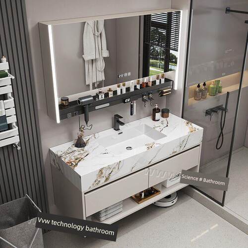 新款冷翡翠无缝一体盆浴室柜组合卫生间定制岩板洗漱台洗脸盆套装