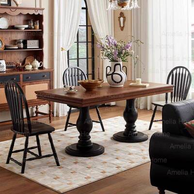法式实木餐厅家用餐桌椅组合 中古风长方形复古样板间吃饭桌子