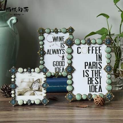 祖母绿高档金属小相框3寸4寸6寸7寸10寸美式复古艺术摆台