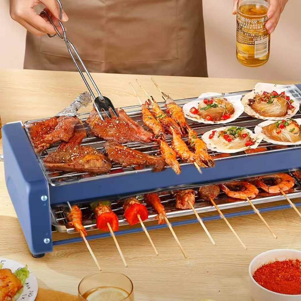 烧烤炉家用双层电烧烤架烤盘无烟肉炉烤串烤能QXU家庭室内多功电