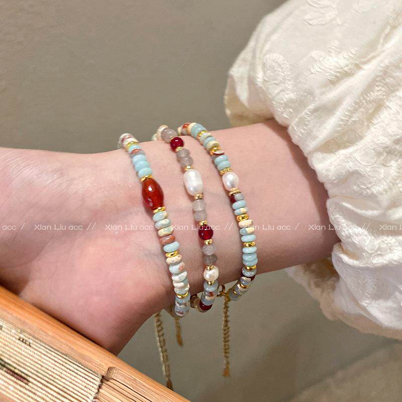淡水珍珠寿山石彩色串珠手链小众复古轻奢感双层叠戴手串手饰