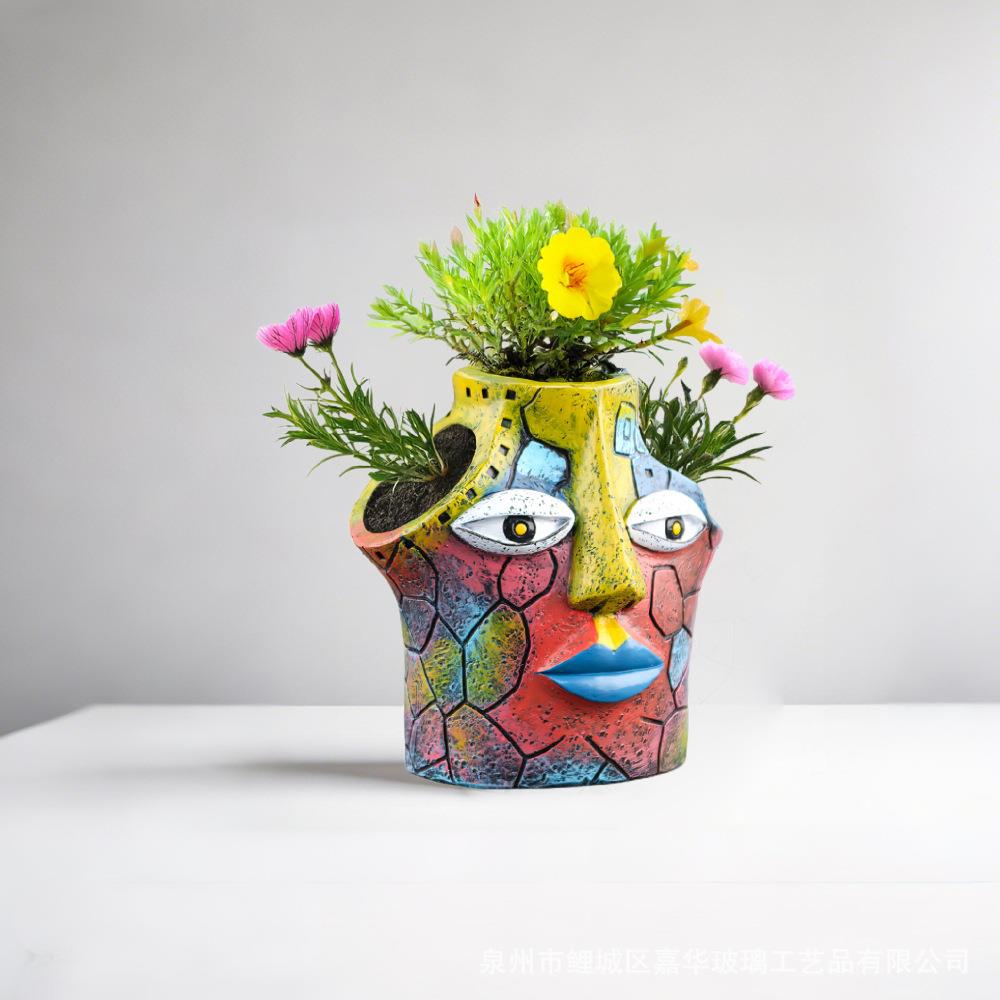 现货必入彩色人脸树脂花盆多口径插花带排水庭院装饰客厅家居摆件