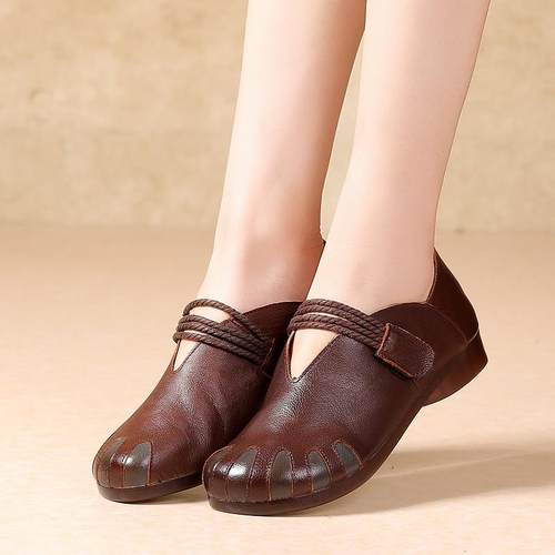 高档春季单鞋女软妈妈鞋休闲舒适平平跟真皮女鞋手工牛皮皮底复古