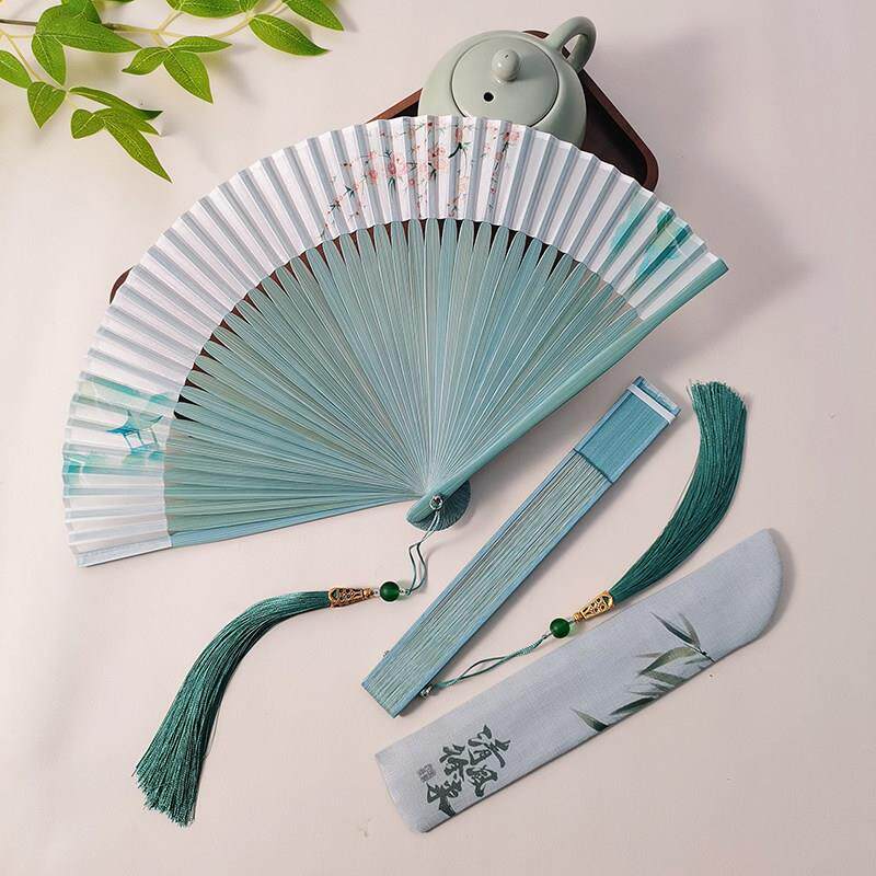 古风扇子折扇中国风青绿色新中式女生汉服旗袍夏季随身可携式小扇