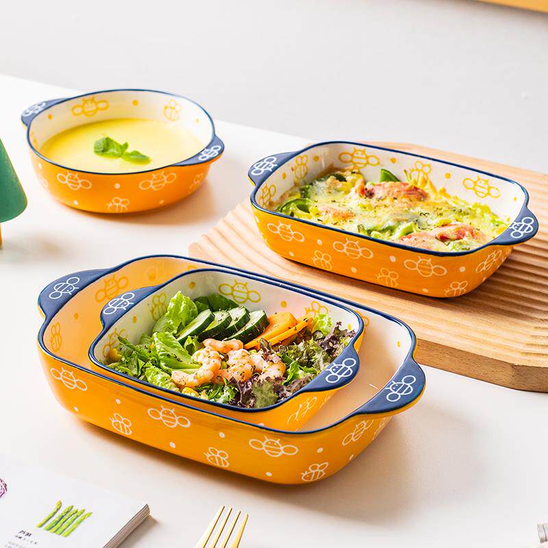 烤盘陶瓷焗饭盘可爱手绘盘子双耳碗家用餐盘菜盘子烘焙烤碗
