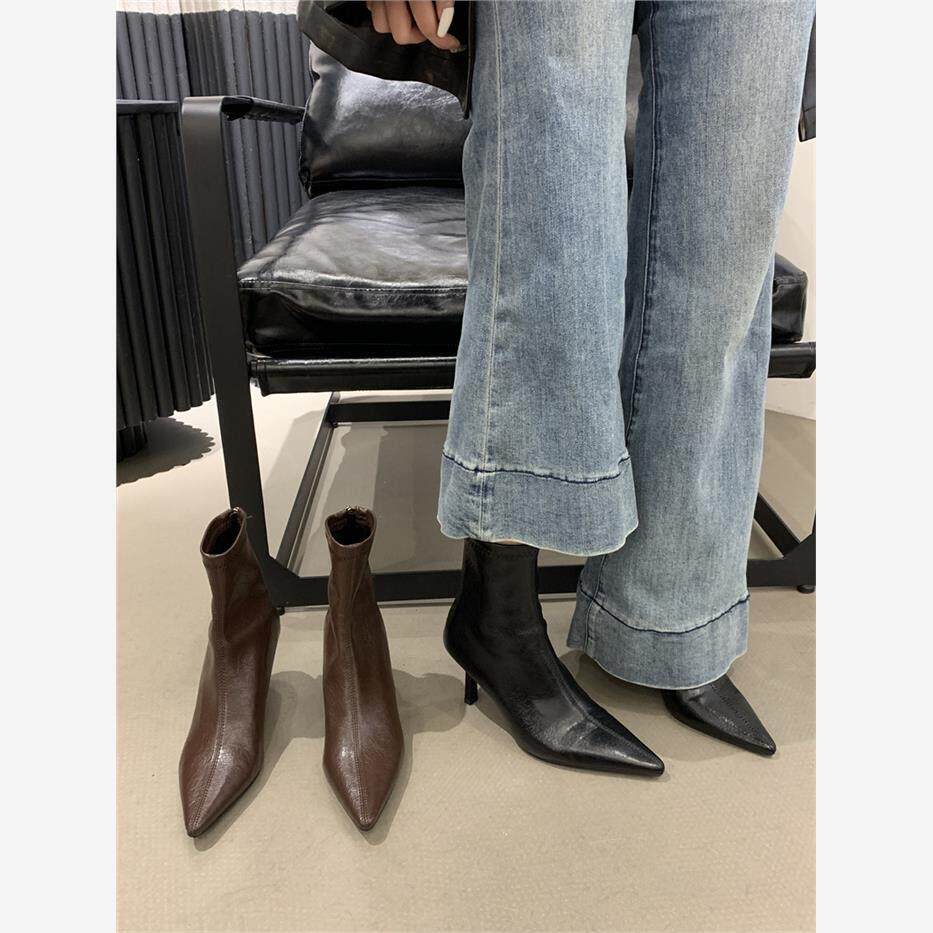 香港真皮法式气质咖色尖头细跟高跟小踝靴洋派小短靴女夏季单靴