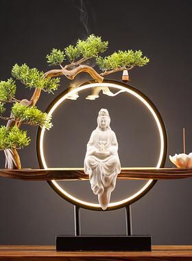 新中式禅意观音菩萨佛像摆件创意倒流香炉家居客厅玄关陶瓷装饰品