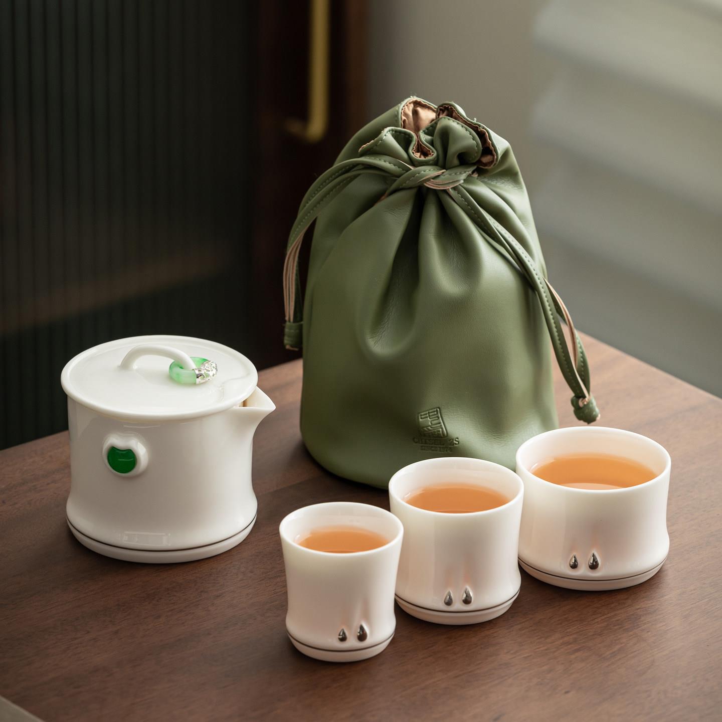 唐岳窑便携式旅行茶具陶瓷快杯高档羊脂玉一壶三杯户外礼品