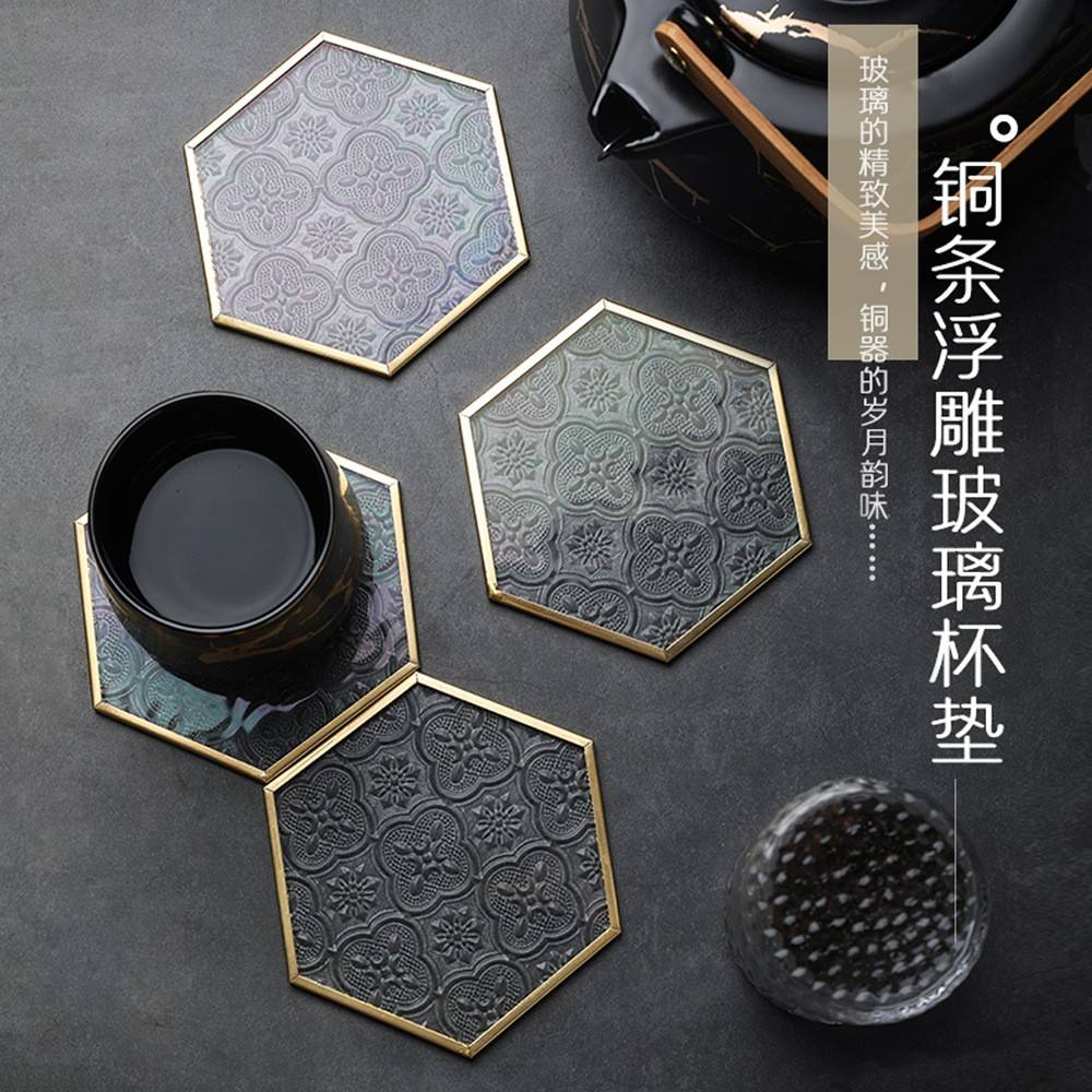 轻奢北欧风铜条浮雕玻璃杯垫咖啡杯碟垫盘创意桌面隔热垫装饰摆件