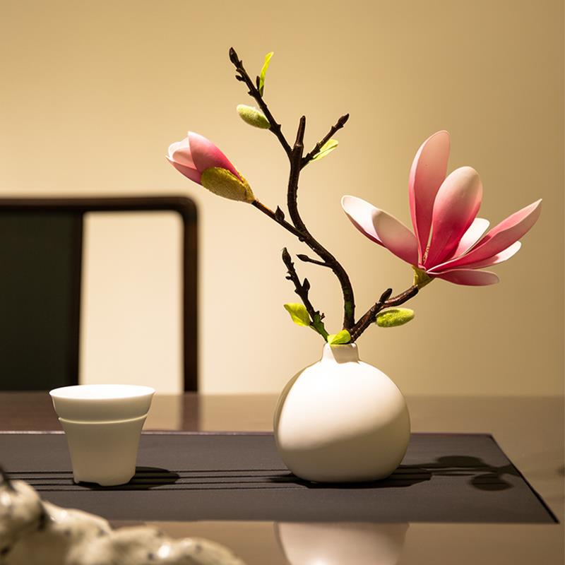 中式水莲花玉兰假花艺陶瓷瓶套装摆设客厅餐桌花装饰盆景摆件