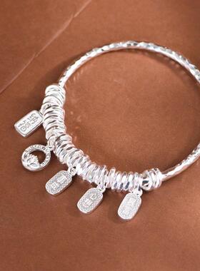 网红- 足银锤纹圆棍纳福吉言莲花吊饰盘缠手镯银镯子女款手环