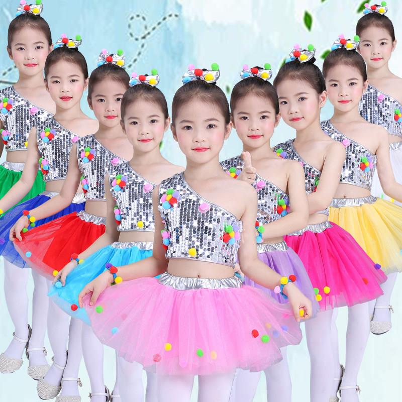 可爱儿童演出服蓬蓬纱裙女童啦啦队亮片幼儿表演爵士现代舞蹈服装