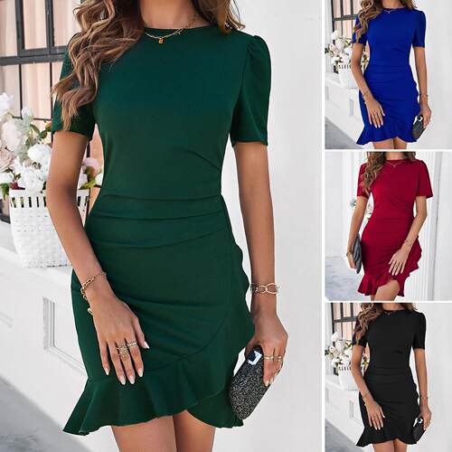 Plain Ruffle Trim Wrap Bodycon Dress Elegant Short Sleeve