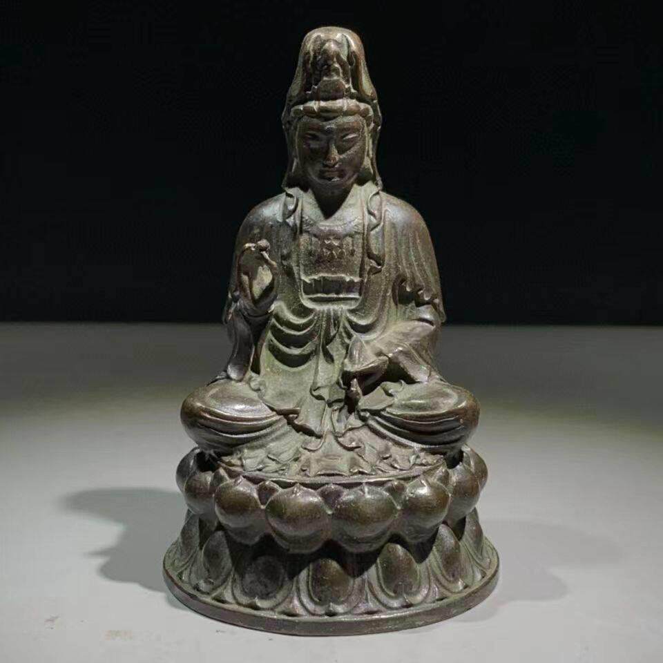 乡下收来紫铜净瓶观音佛像观音大士坐莲观世音菩萨老铜像古董收藏