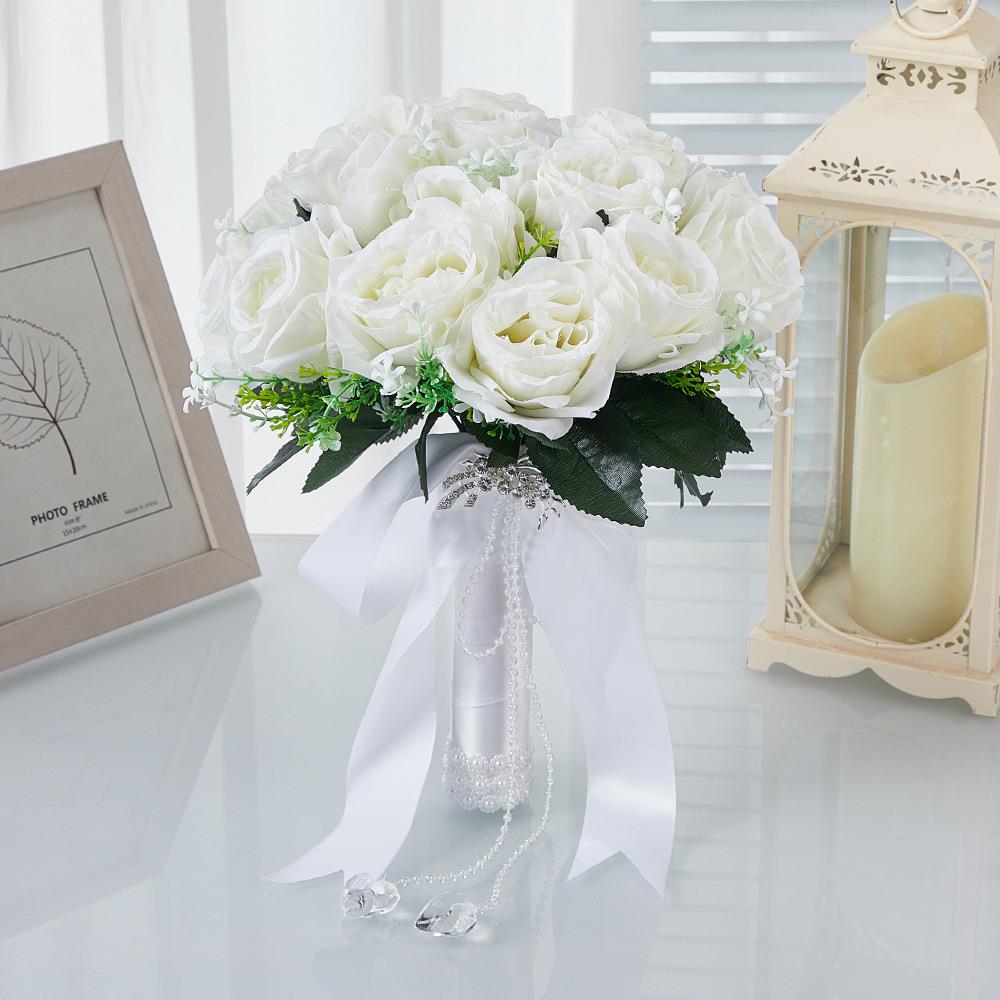 新娘手捧花镶钻仿真玫瑰手持花束白色捧花森系婚礼手捧假花高级感