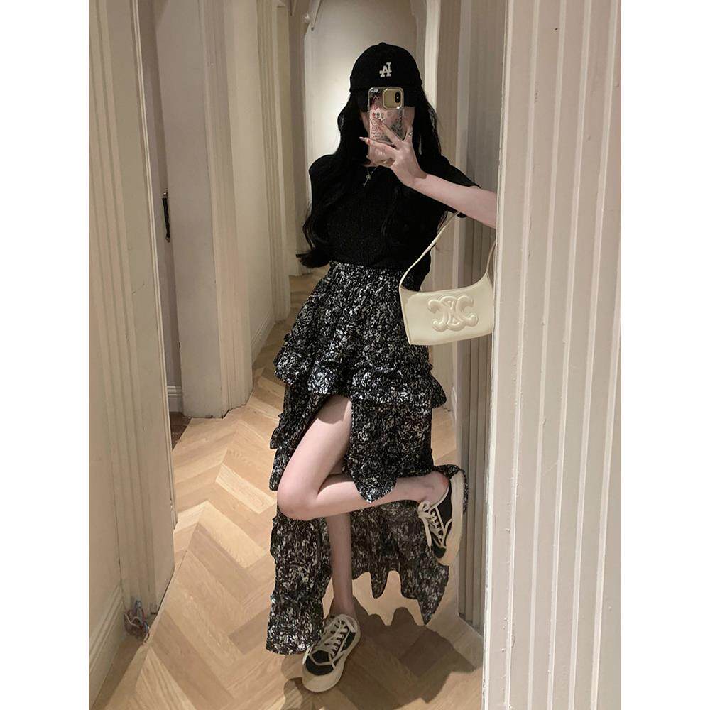 欧洲站网红炸街减龄洋派套装女夏显瘦T恤碎花开衩半身裙两件套潮