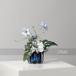 简约时尚蓝色玻璃小花瓶插花样品屋展示中心客厅茶几小桌花高级感