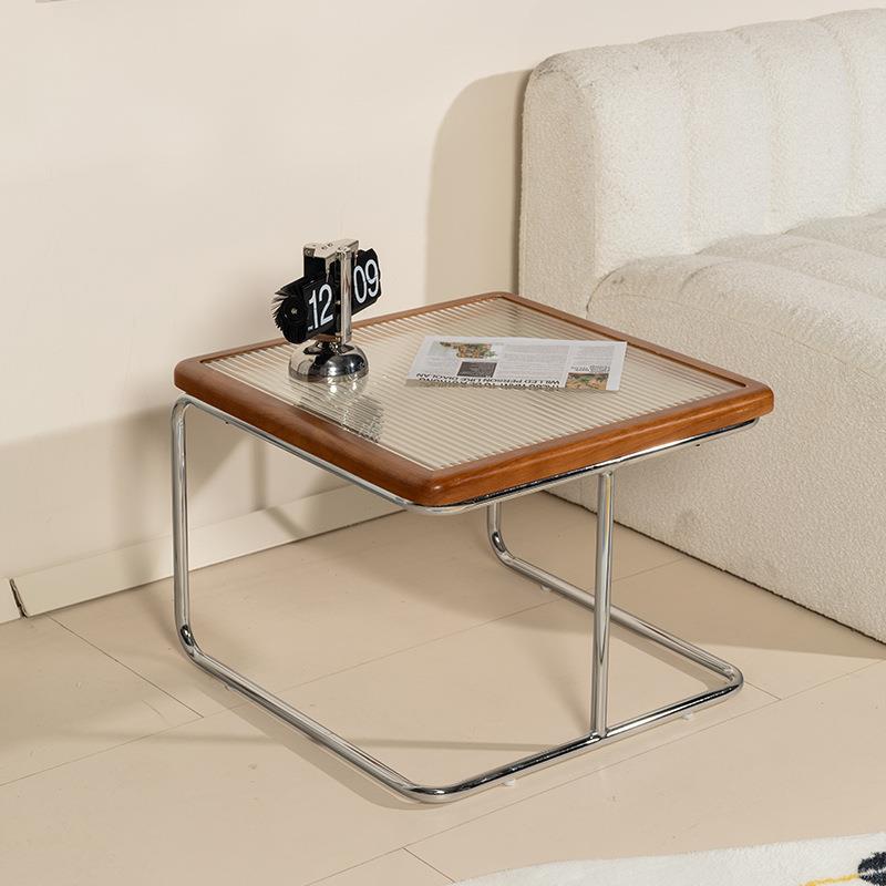 复古原木家用藤编茶几法式简约现代小户型边几客厅方形玻璃黑色桌