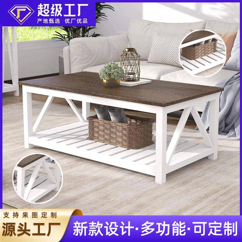 跨境热销美式乡村茶几小户型复古茶桌方形简约实木餐桌铁艺咖啡桌