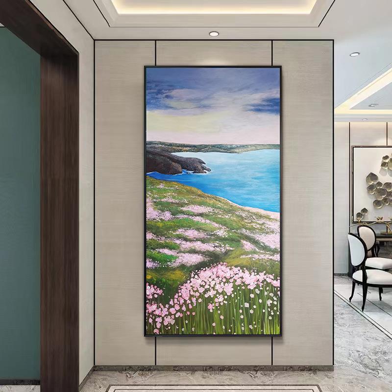 纯手绘花海景油画客厅玄关竖款大尺寸装饰画地中海田园风景挂画
