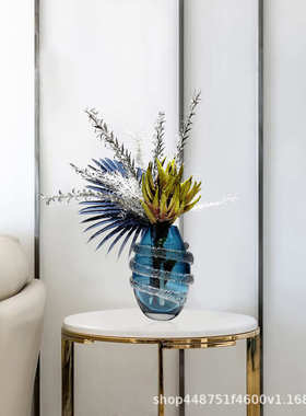 轻奢艺术蓝色玻璃花瓶仿真花艺套装插花客厅茶几电视柜售楼处摆件