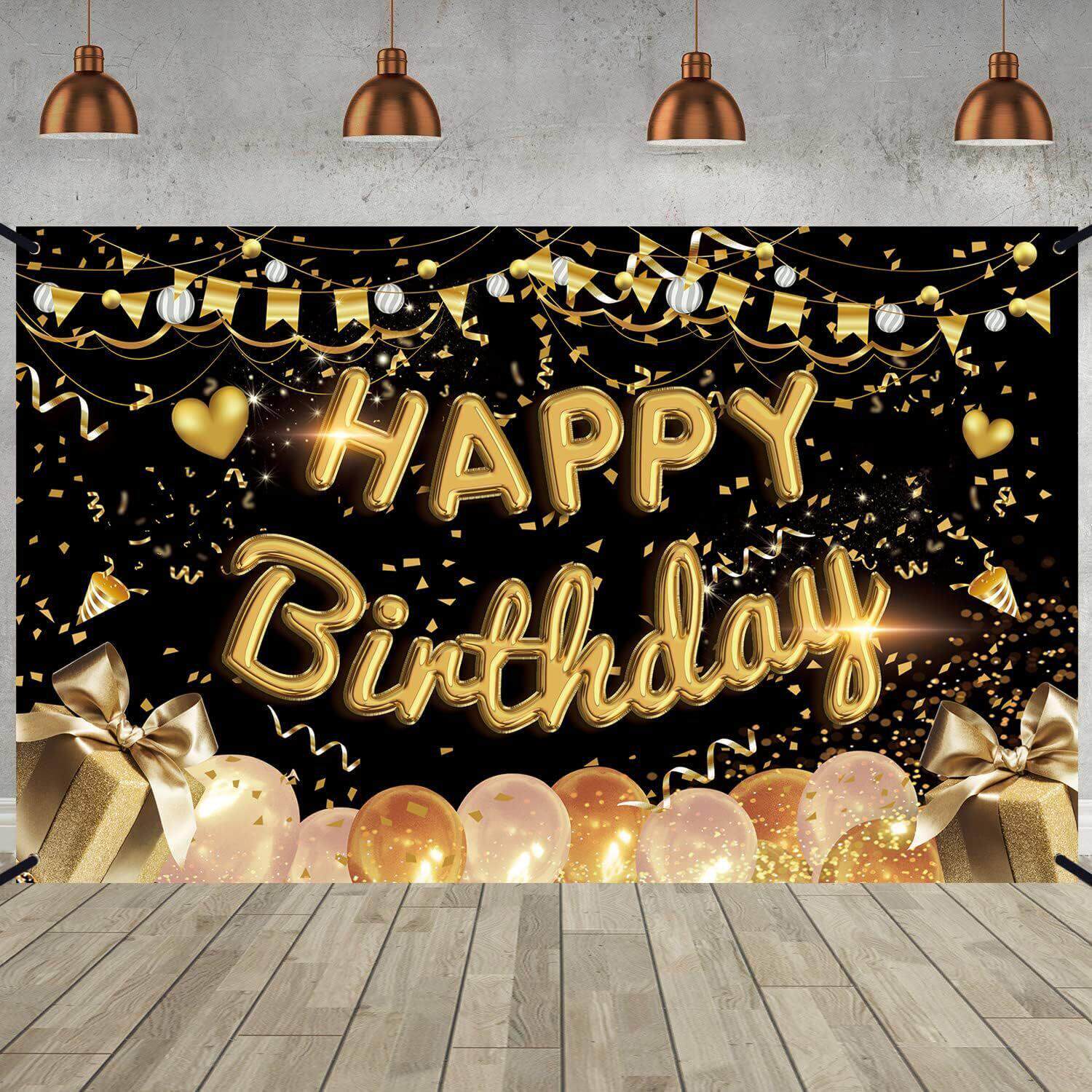 Happy Birthday Backdrop Banner Large Black Gold Balloon Star