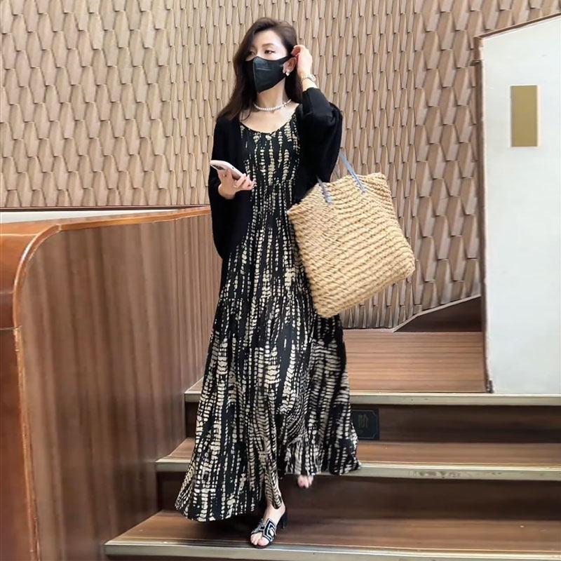 潮牌高级感休闲吊带裙套装女2025春季宽松中长款过膝印花裙两件套