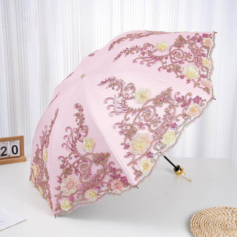 三折叠公主防晒遮阳伞晴雨伞紫外线洋伞黑胶绣花蕾丝太阳伞女刺绣