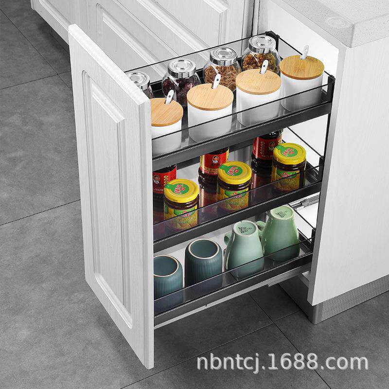 橱柜拉篮玻璃窄柜调味篮开门抽屉式小尺寸调料置物架收纳架阻尼