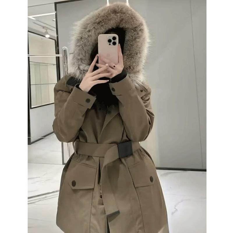 羽绒棉服女2024年秋冬仿狐狸大毛领户外防风防水收腰滑雪服