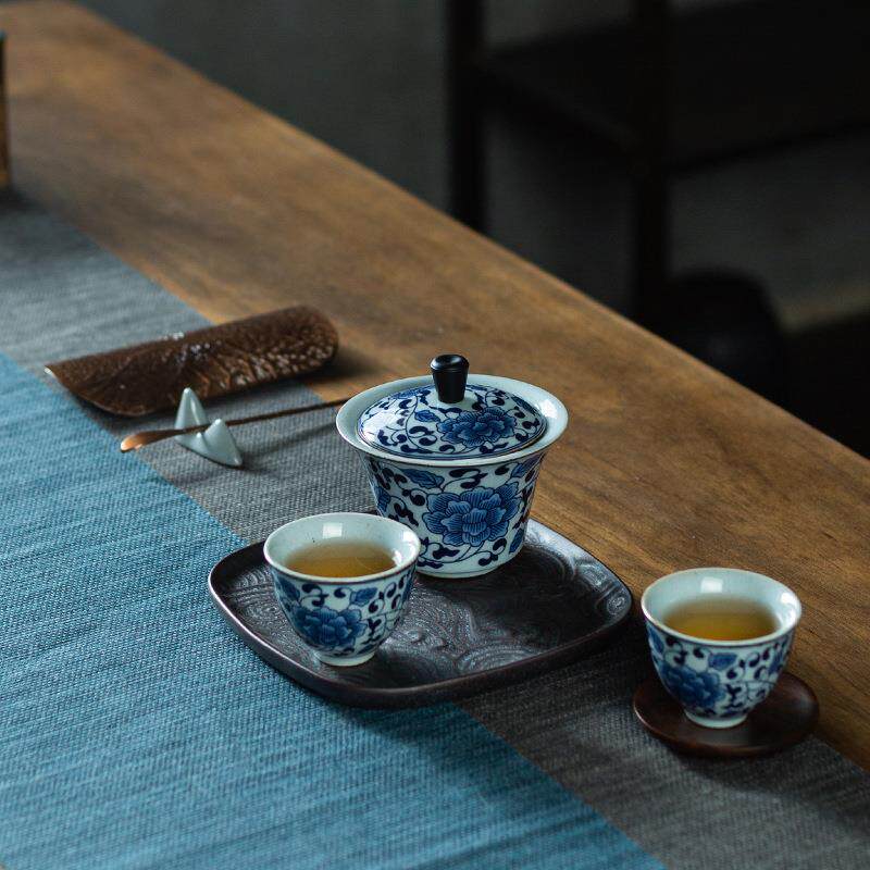 禅之莲盖碗茶杯5件套组青花陶瓷茶具办公家用简约干泡功夫小套装