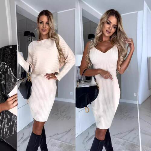 Women's Pit Strip Long Sleeve Top Strap Skirt Set