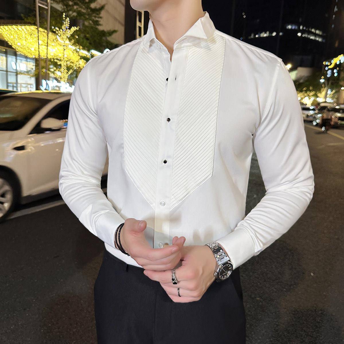 法式翼领礼服衬衫男长袖高级感修身商务正装宴会婚礼风琴褶白衬衣