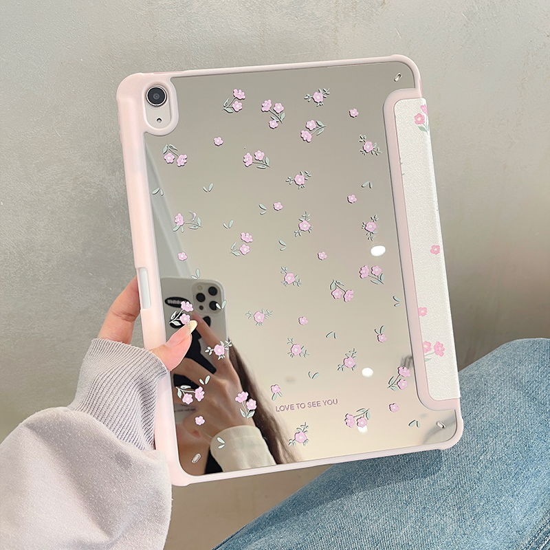 ins风镜面粉色小碎花适用ipadair5平板壳ipad10补妆9/8女7保护套ipadmini6带笔槽ipadpro11寸pro/mini旋转air