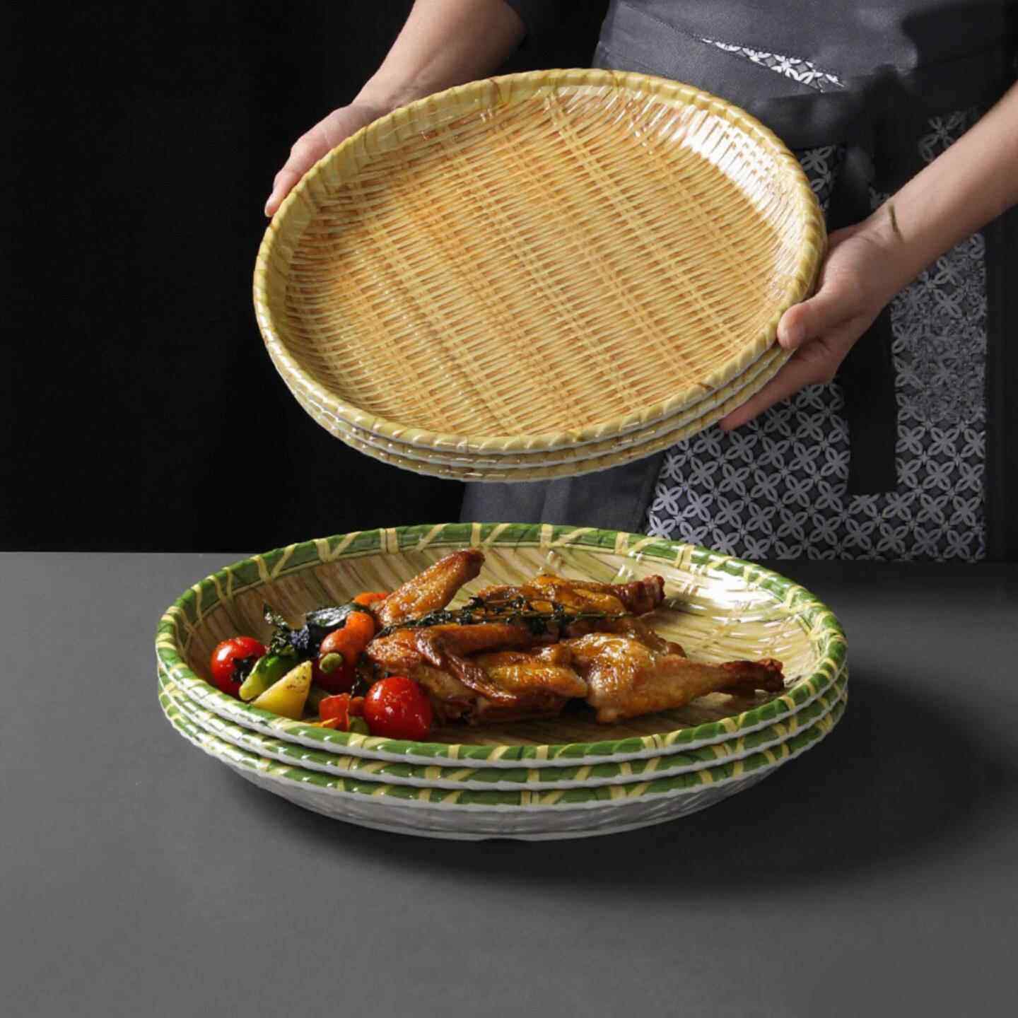 密胺彷藤编织圆盘饭厅烧烤火锅傣味盘子簸箕竹编小吃炸物鱼生拼盘,餐饮具,盘,淘宝优惠券,粉丝福利购,淘宝优惠卷