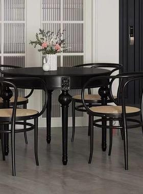 法式轻奢复古实木黑色长方形餐桌美式休闲简约四人圆形餐桌饭桌