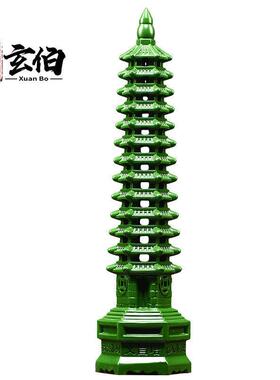 绿色木雕13层文昌塔摆件实木质十三层空心塔纯木制镂空塔家用书房
