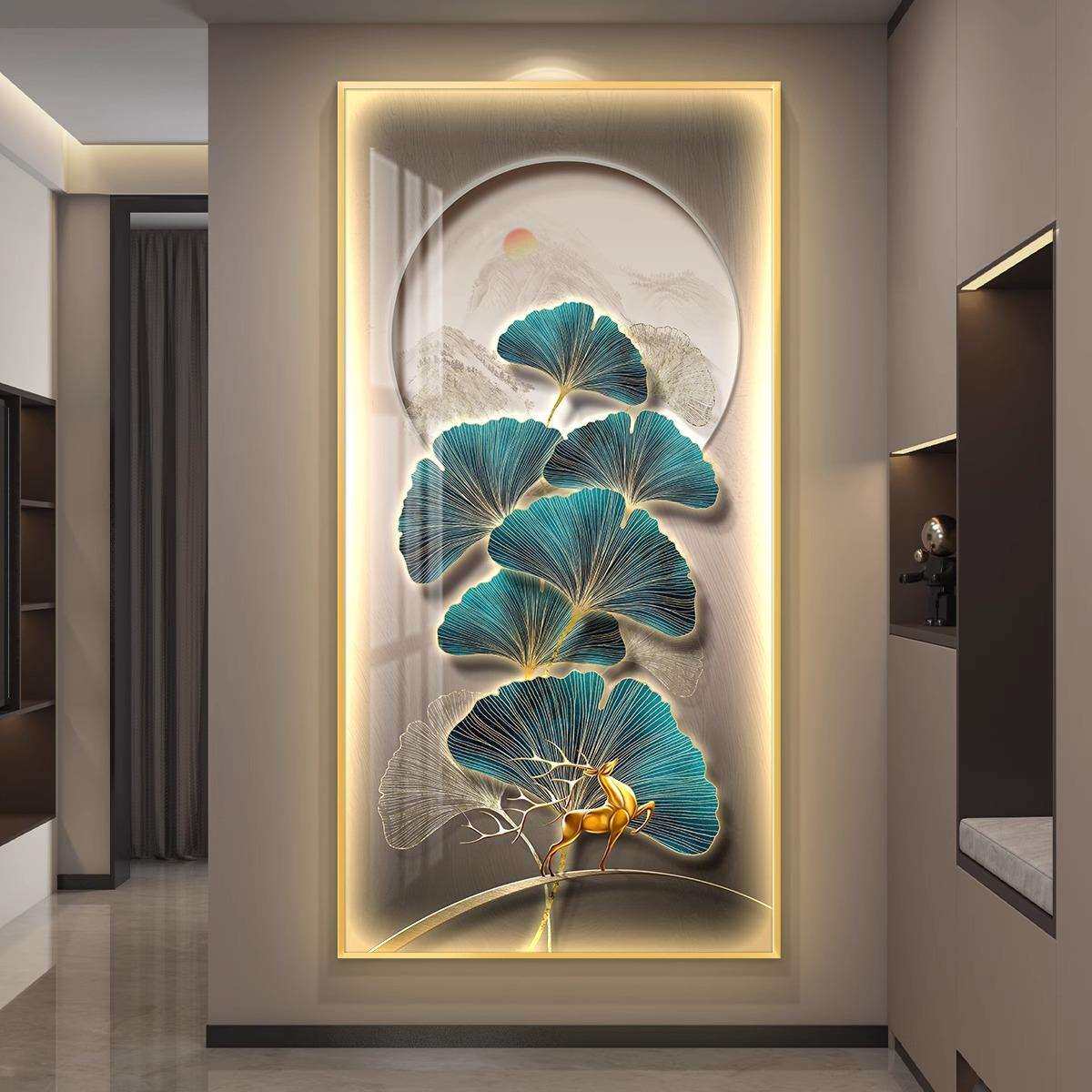 led带灯入户玄关装饰画走廊过道简约现代挂画银杏壁画装饰画