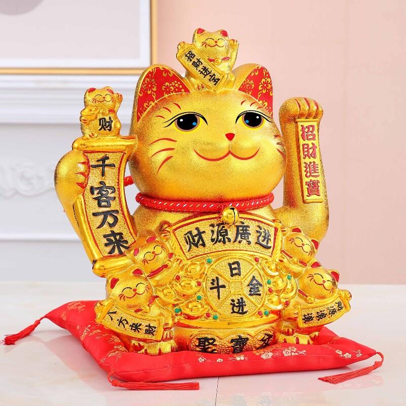 大眼睛陶瓷招财猫摆件自动摇手发财猫开业礼品客厅金色