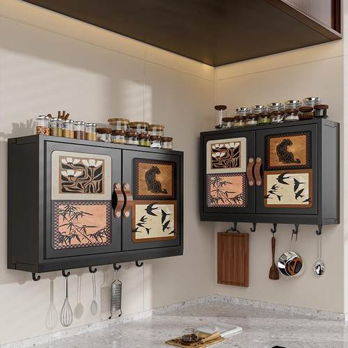 中古风厨房收纳置物架壁挂式橱柜调料盒调味品整理厨房用品储物柜