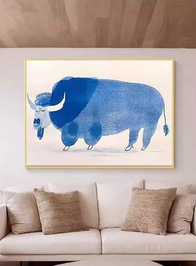 美式抽象蓝色公牛动物客厅书房装饰画克莱茵兰大色块样板房装饰画