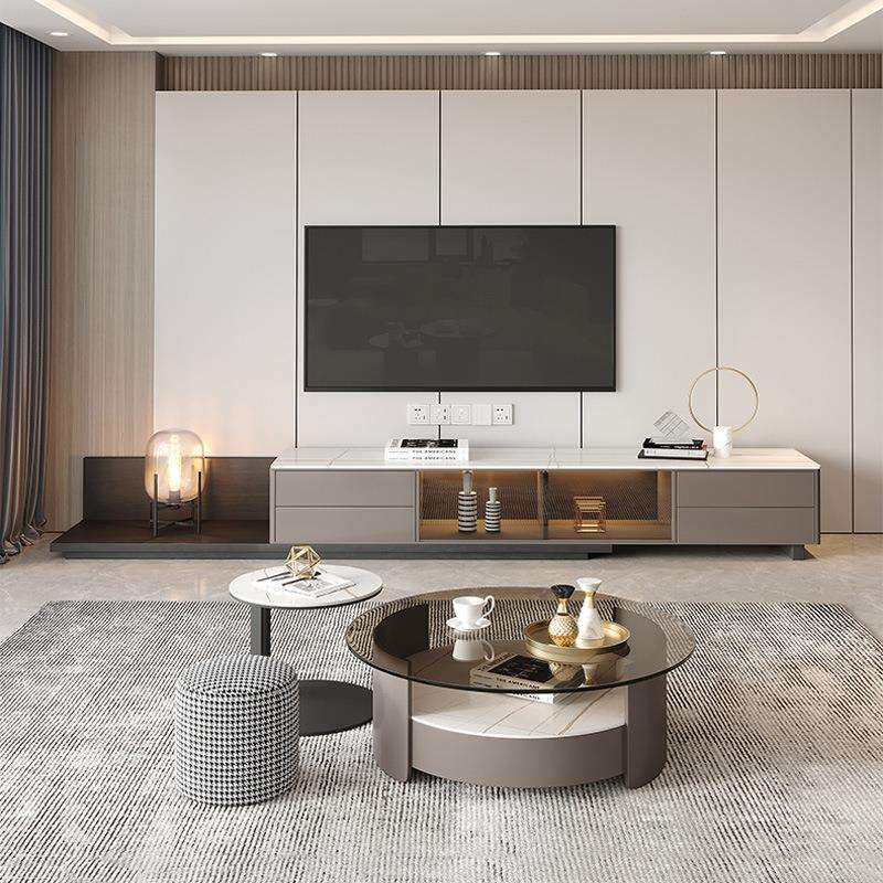 岩板茶几电视柜北欧现代简约圆形茶几桌客厅家用可伸缩智能感应灯