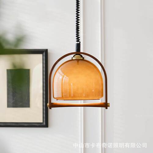 中古玻璃吊灯可伸缩餐厅吧台灯日式实木诧寂风岛台餐桌复古饭厅灯