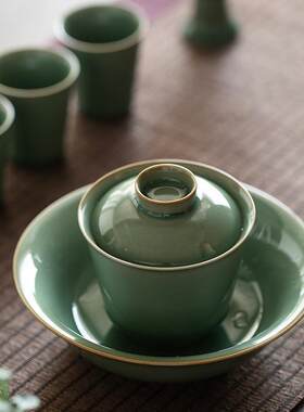 越窑青瓷二才盖碗茶杯单个泡茶碗带盖家用小号梅子青手抓泡茶盖碗