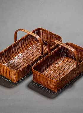古手提竹FIB复竹编收纳筐水果篮手作家用菜篮提篮大漆茶具篮收纳