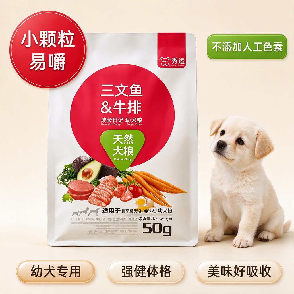 秀运三文鱼牛排幼犬狗粮小型犬专用天然犬粮50g小颗粒强健体格