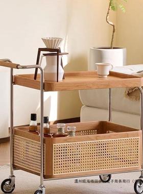 中古实木桃木几可移动藤客厅编极胡简复古沙发简约茶小推车RTQ收