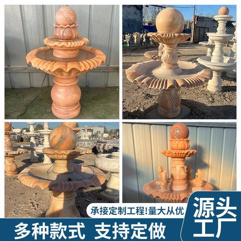 水大理石别墅喷霞红风水球晚跌水钵石雕石雕喷泉泉装饰欧式流水雕