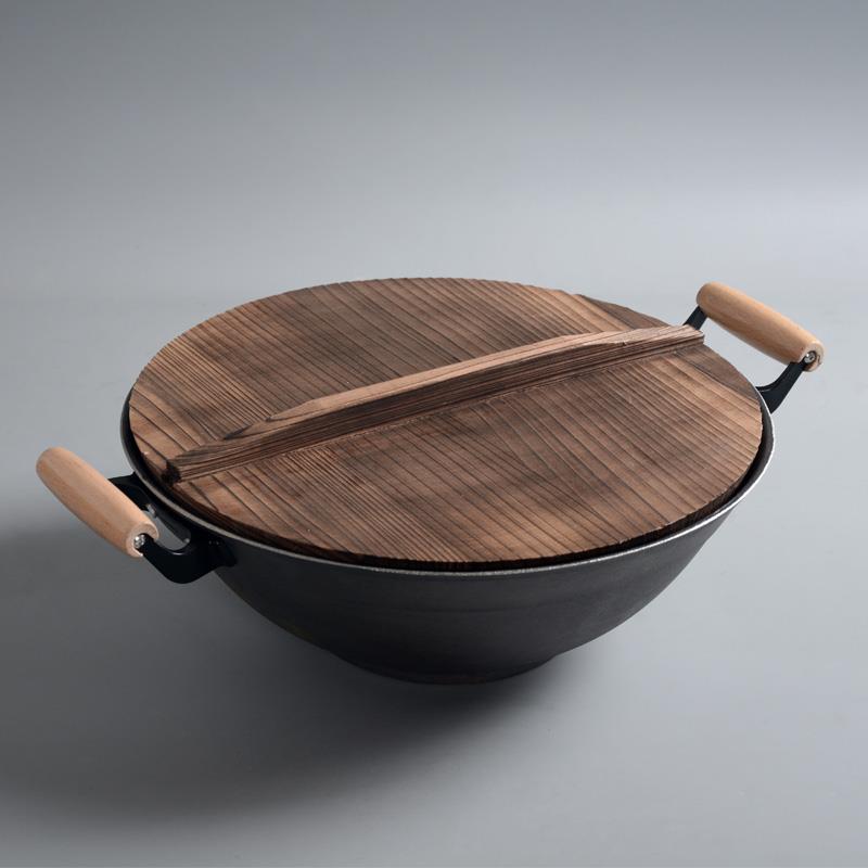 正品山梁东滕州氏铁父子锅铸铁炒锅家用双耳铁锅老式无涂层平底炒